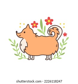 Cute red dog with twigs and flowers. Funny Spitz breed vector illustration. Outside fluffy smiling puppy in nature for greeting card. kids, print, pet shop, decoration, accessory