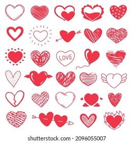 Cute red doodle hearts, hand drawn heart scribbles. Valentine day hearts with wings or arrow, love symbol grunge sketches vector set. Creative romantic symbols of different shapes isolated on white