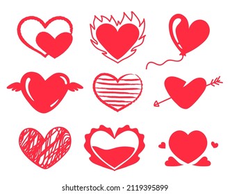 Cute red doodle hearts. Valentine day symbol of love. Romantic holiday hearts with fire, wings, arrow and balloon. Creative striped, full and empty romance shapes isolated vector set