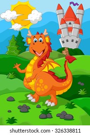cute red dragon on castle
