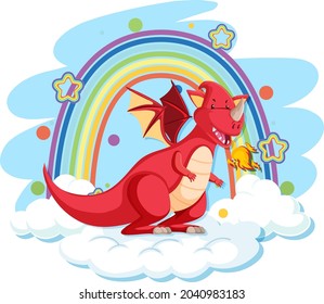 Cute red dragon on the cloud with rainbow illustration