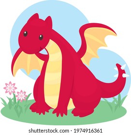 Cute Red Dragon Sitting on Grass