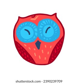 Cute red eagle owl hand drawn in children style. Funny fairy tale bird. Doodle style art. Design element for kids products. Marker drawn vector isolated on white background