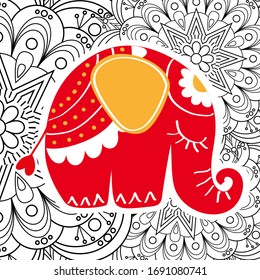 Cute red elephant with ethnic pattern. Cartoon coloring book. Vector illustration, poster, cover, poster, banner, packaging.