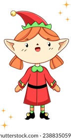 cute red elf in a red cap and dress with sparkles