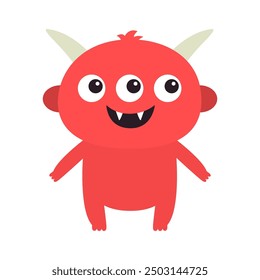 Cute red evil devil monster standing. Happy Halloween. Monsters silhouette icon. Three eyes, smiling face, horns. Cartoon kawaii funny character. Childish style. Flat design. White background. Vector