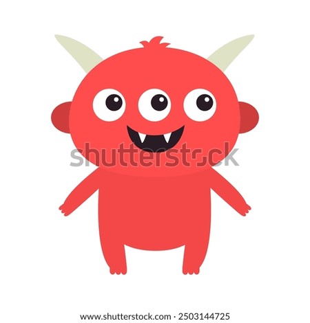 Cute red evil devil monster standing. Happy Halloween. Monsters silhouette icon. Three eyes, smiling face, horns. Cartoon kawaii funny character. Childish style. Flat design. White background. Vector