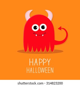 Cute red evil monster with horns and fangs. Happy Halloween card. Flat design Orange background Vector illustration