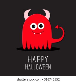 Cute red evil monster with horns and fangs. Happy Halloween card. Flat design Black background Vector illustration