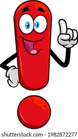 Cute Red Exclamation Mark Cartoon Character Pointing With Finger. Vector Hand Drawn Illustration Isolated On Transparent Background