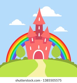 Cute Red Fairytale Castle with Rainbow and Summer Landscape Vector Illustration