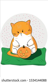 Cute red fat cat on Halloween with pumpkin. Vector illustration.