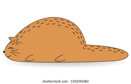 Cute red fat cat. Pet lies. The animal sleeps sweetly and smiles. Cartoon image. Vector illustration.