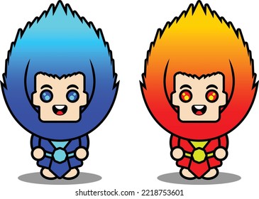 lindo fuego rojo y caricatura del personaje de la mascota azul contra el fuego ilustración vectorial