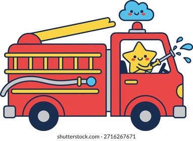 Un camión de bomberos rojo lindo conducido por un personaje de estrella feliz con una nube sonriente. Esta Ilustración vectorial kawaii es perfecta para pegatinas para niños, decoración de guardería y educación.
