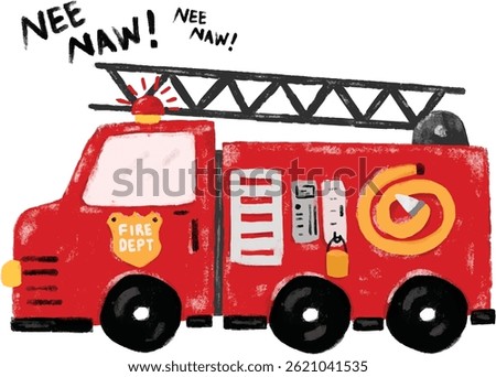 cute red fire truck engine department vehicles cars community transportation crayon kids doodle watercolour illustration clipart png cutout transparent sticker nursery with sound text word