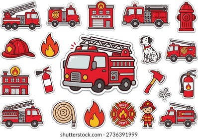 Cute Red Fire Truck Vector Sticker. Cartoon fire engine with ladder and siren isolated.