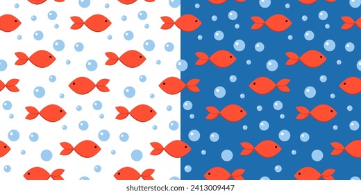 Cute red fish paired seamless pattern. Minimalistic red fishes and bubbles on white and dark blue background. Designed for nursery room, kids apparel, baby fabrics, wallpaper, wrapping paper