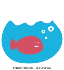 Cute red fish with a smiling face inside a blue fishbowl, blowing bubbles; whimsical illustration symbolizing aquatic life, tranquility, and playful design.