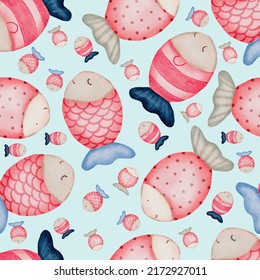 Cute Red Fishes Seamless pattern with blue Background