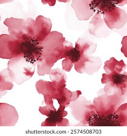 Cute red florals watercolor seamless pattern on white background. Flower vector illustration. Watercolor print in rustic vintage style, textile or wallpapers.