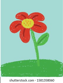 Cute red flower crayon hand drawn illustration kid's drawing 