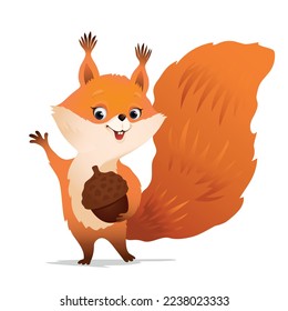 Cute red fluffy Squirrel with bushy tail holding acorn. Vector Illustration