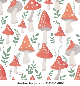cute red fly agaric mushrooms. seamless pattern