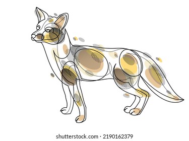 Cute red fox adorable wild animal vector linear drawing isolated, line art illustration of a wildlife.