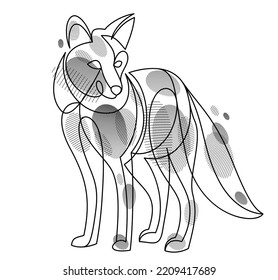 Cute red fox adorable wild animal vector linear drawing isolated, monochrome line art illustration of a wildlife.