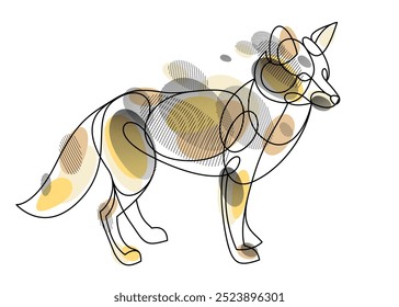 Cute red fox adorable wild animal vector linear drawing isolated, line art illustration of a wildlife.