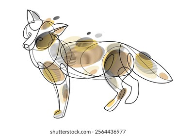 Cute red fox adorable wild animal vector linear drawing isolated, line art illustration of a wildlife.