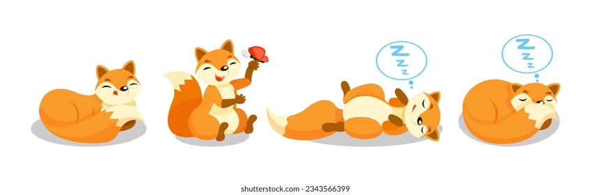 Cute Red Fox Animal with Bushy Tail in Different Pose Vector Set