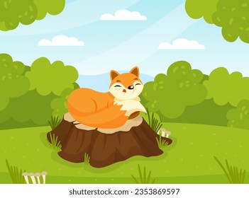 Cute Red Fox Animal with Bushy Tail Lying on Tree Stump in Green Forest Vector Illustration