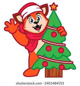 Cute Red Fox Animal Character with Christmas Tree