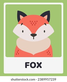 Cute red fox. Animal portraits. Educational cards for children. Simple vector illustrations.