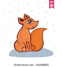 Cute red fox. Baby fox sitting in snowy forest. Colorful Vector illustration, Cartoon style. 