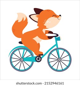 Cute Red Fox Biking or Cycling Riding Bicycle Vector Illustration