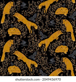 Cute red fox and black crow on dark background. Seamless vector pattern. Surface design for fabric, wallpaper, wrapping paper, invitation card, scrapbook.