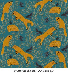 Cute red fox and black crow on turquoise blue, green background. Seamless vector pattern. Surface design for fabric, wallpaper, wrapping paper, invitation card, scrapbook.