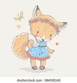 Cute red fox in blue dress cartoon hand drawn vector illustration. Can be used for t-shirt print, kids wear fashion design, baby shower invitation card.