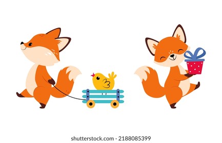 Cute Red Fox Carrying Gift Box and Pulling Trolley with Chick Vector Set