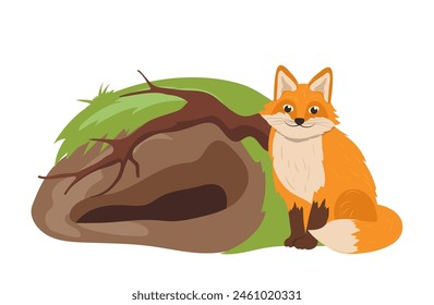 Lindo zorro rojo de dibujos animados de carácter animal salvaje del bosque que vive en la Ilustración vectorial aislada madriguera