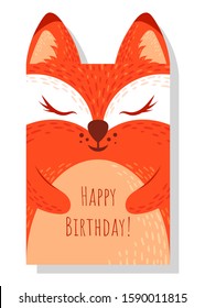 Cute red fox in cartoon style. Animal in the form of a postcard. Children's card, congratulation.