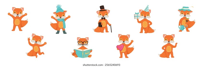 Cute Red Fox Character Engaged in Different Activity Vector Set