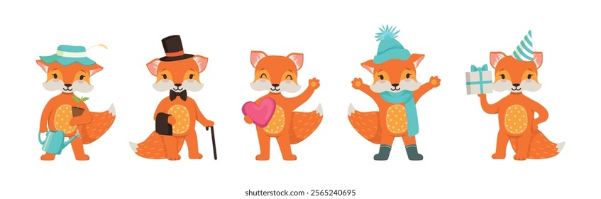 Cute Red Fox Character Engaged in Different Activity Vector Set