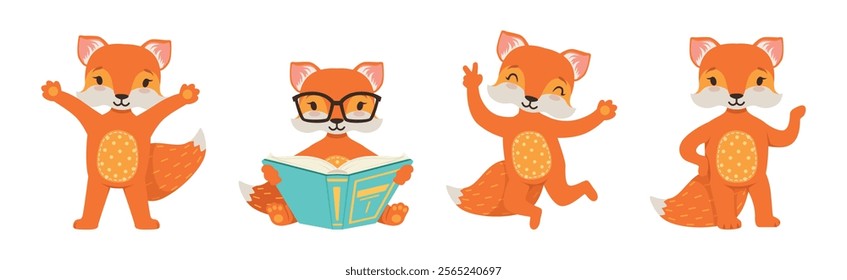 Cute Red Fox Character Engaged in Different Activity Vector Set