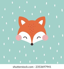 cute red fox character face on a dashed scandinavian mint green background, kids pillow or nursery poster print design