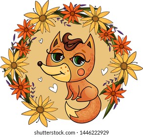 Cute red fox in a circle of flowers. Vector card.