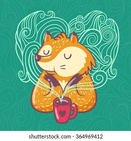 Cute red fox with coffee cup and steam pattern heart